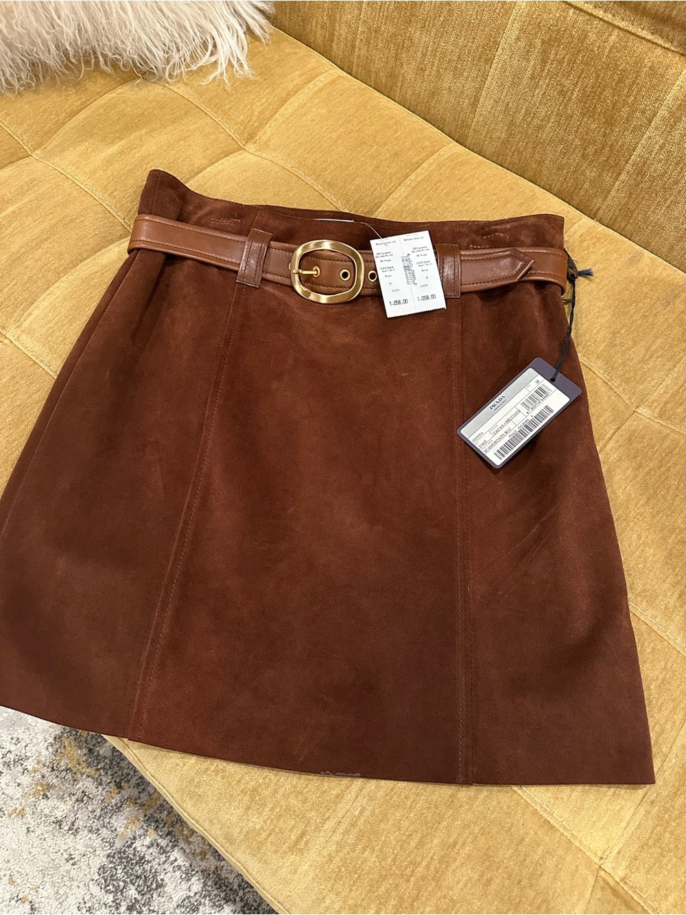 Prada Brown Suede Mini Skirt with Leather Belt and Gold Buckle NWT